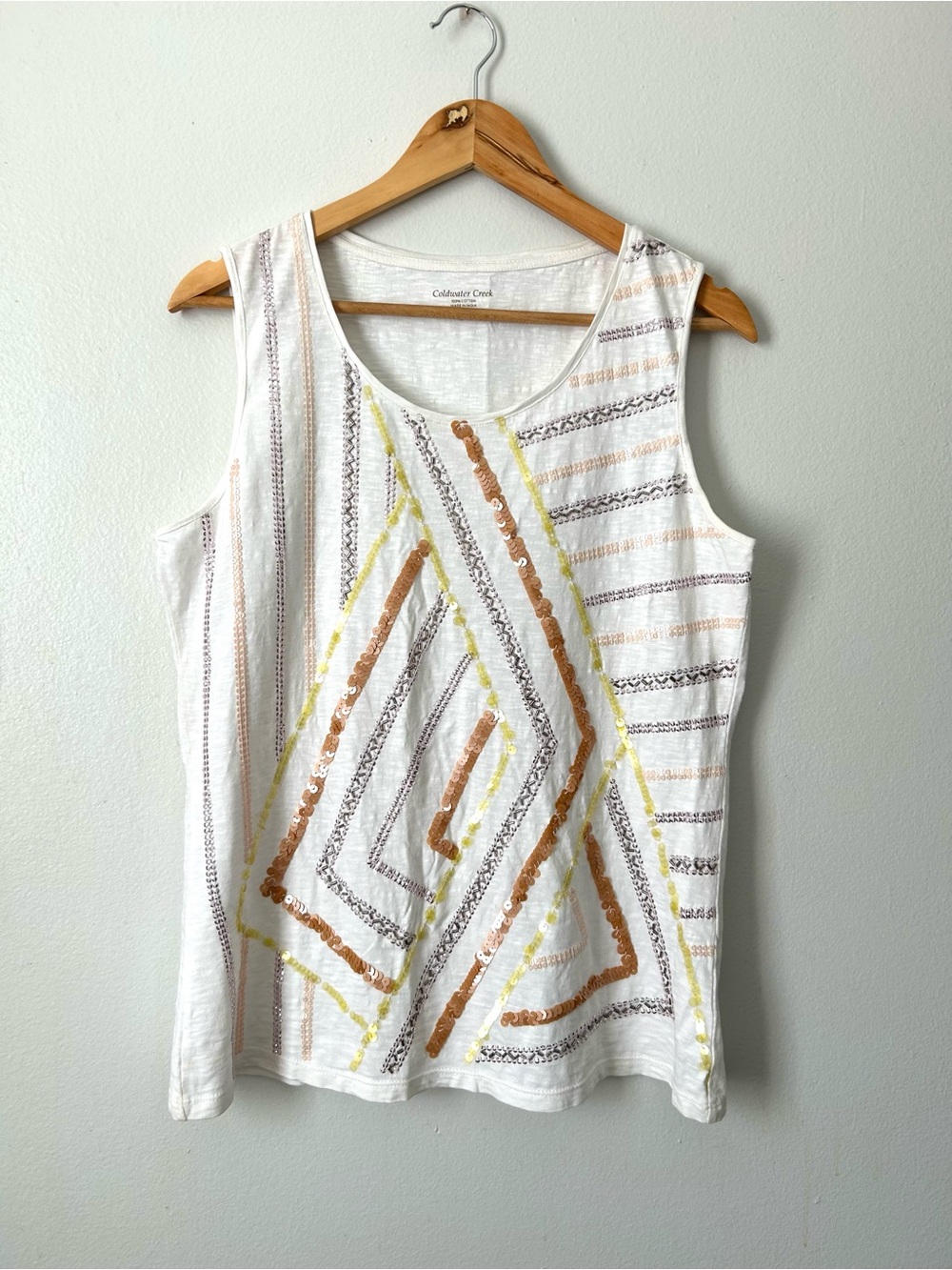 Coldwater Creek White Tank Top with Metallic Sequin Stripes